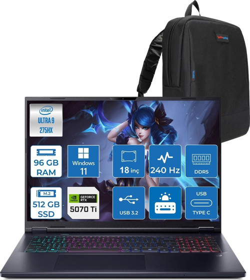 Predator Helios Neo 18 Aı Intel®core™ Ultra 9 275HX 96GB Ddr5 512GB SSD 12GB/RTX5070Tİ 140W 18" 2560 x 1600 Wqxga 240HZ WIN11PRO Gaming Bilgisayar. NHQVMEY002P27+ZETTAÇANTA