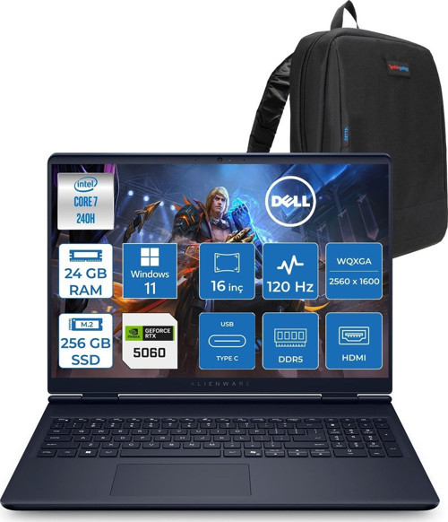 Alienware 16 Aurora AC16250 Intel Core 7 240H 24GB Ddr5 256GB SSD Windows 11 Pro 8gb RTX5060 16 Inç 2K(2560×1600) Wqxga 120Hz Wva Gaming Laptop AC16250C71615U56NP08 + Zetta Çanta