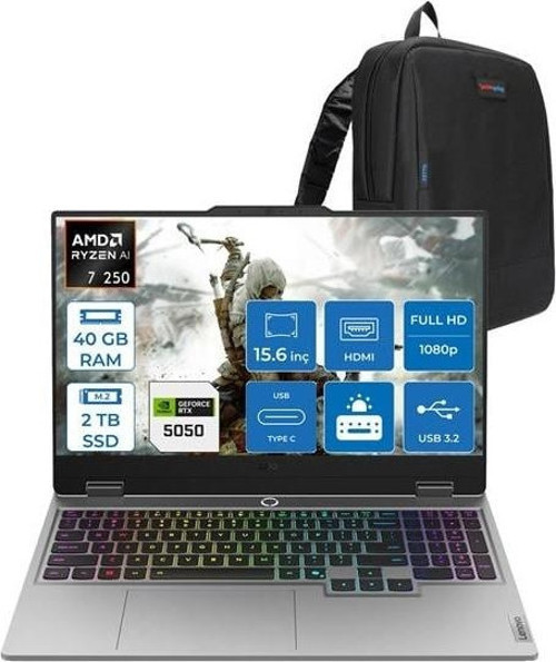 Loq Amd Ryzen 7 250 40GB Ddr5 2tb SSD 8GB/RTX5050/100W 15.6" Fhd IPS 300NITS 100% Srgb 144Hz Windows 11 Pro Taşınabilir Bilgisayar 15AHP1050H15 + Zettaçanta