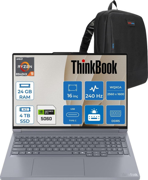 Thinkbook 16P G6 Adr Ryzen 9 8940HX 24GB Ddr5 4tb SSD 8GB/RTX5060/115W 16" Wqxga IPS 500NITS 240Hz Windows 11 Home Taşınabilir Bilgisayar 21U00013TXH08 + Zettaçanta