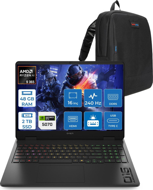 Omen 16-AP0012NT Amd Ryzen Aı 9 365 48GB Ddr5 2tb SSD RTX5070 8gb Gddr7 16 Inç Wqxga (2560 x 1600) 240Hz 500NITS 3ms IPS Freedos Taşınabilir Bilgisayar C12CGEAF27 + Zetta Çanta