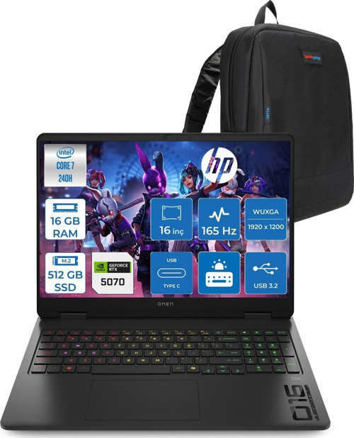 Omen 16 Intel Core 7 240H 16GB Ddr5 512GB SSD 8GB/RTX5070 16" Wuxga IPS 400NITS 165Hz Windows 11 Pro Oyun Bilgisayarı BHPQ1Y7EAP01 + Zettaçanta