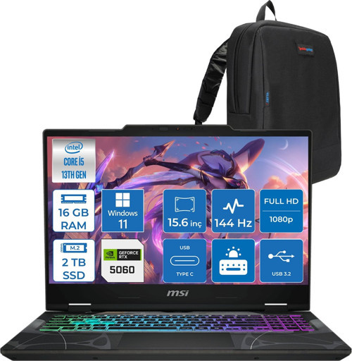 Cyborg 15 Intel Core I5 13420H 16GB Ddr5 2tb SSD RTX5060 Gddr7 8gb Windows 11 Pro 15.6" Fullhd (1920X1080) 144HZ IPS Taşınabilir Bilgisayar B13WFKG491XTRP04 + Zetta Çanta