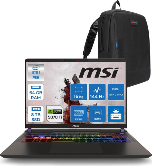 Vector 16 Intel Core Ultra 7 255HX 64GB 4tb + 4tb SSD RTX5070TI 12GB Tdp 140W Gddr7 Freedos 16" Fhd+ 144Hz Taşınabilir Bilgisayar A2XWHG091XTRF30 + Zetta Çanta