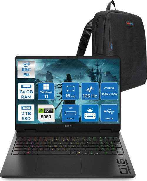 Omen 16-AM0018NT Intel Core Ultra 7 255H 64GB Ddr5 2tb SSD RTX5060 8gb Gddr7 16 Inç Wuxga (1920X1200) 165Hz 400NITS 3ms IPS Windows 11 Home Taşınabilir Bilgisayar BQ1Z1EAH33 + Zetta Çanta