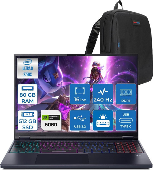 Predator Helios Neo 16 Aı Intel®core™ Ultra 9 275HX 80GB Ddr5 512GB SSD 8GB/RTX5060 115W 16" 2560 x 1600 Wqxga 240HZ Freedos Gaming Bilgisayar. NHQVUEY001F22+ZETTAÇANTA