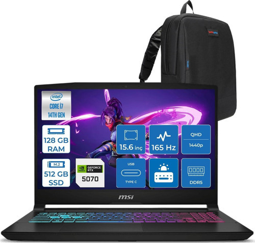 Katana 15 Hx Intel Core I7 14650HX 128GB Ddr5 512GB SSD Freedos RTX5070 8gb Gddr7 115W 15.6" 2k QHD(2560X1440) 165HZ Gaming Laptop B14WGK068XTRF42 + Zetta Çanta