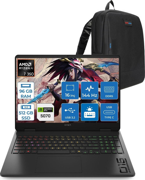 Omen 16-AP0006NT Amd Ryzen Aı 7 350 96GB Ddr5 512GB SSD RTX5070 8gb Gddr7 16 Inç Wuxga (1920 x 1200) 144HZ 300NİTS IPS Freedos Taşınabilir Bilgisayar C52R1EAF43 + Zetta Çanta