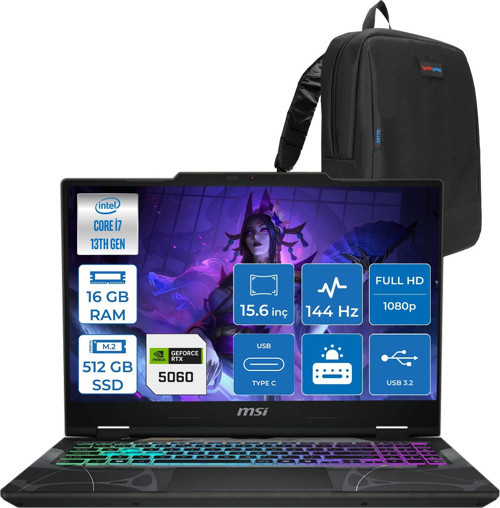 Cyborg 15 Intel Core I7 13620H 16GB Ddr5 512GB SSD RTX5060 Gddr7 8gb Freedos 15.6" Fullhd (1920X1080) 144HZ IPS Taşınabilir Bilgisayar B13WFKG490XTRF02 + Zetta Çanta