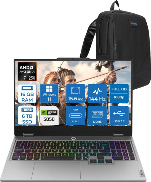 Loq 15AHP10 Amd Ryzen 7 250 16GB Ddr5 6tb SSD Windows 11 Home RTX5050 8gb 100W 15.6" Fhd (1920X1080) IPS 300NITS 144Hz Gaming Laptop 83JG006ATRH06 + Zetta Çanta