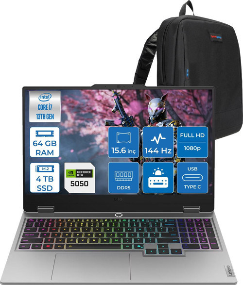 Loq Intel Core I7 13700HX 64GB 4tb SSD 8GB/RTX5050/100W 15.6" Fhd IPS 300NITS 100% Srgb 144Hz Windows 11 Home Taşınabilir Bilgisayar 15IRX1050H24 + Zettaçanta