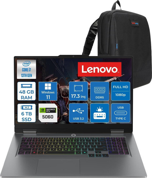 Loq 17IRX10 Intel Core I7 13650HX 48GB Ddr5 6tb SSD RTX5060 8gb 115W Windows 11 Home 17.3 Inç Fhd (1920X1080) IPS 300NITS 165HZ 100% Srgb Taşınabilir Bilgisayar W83JH006ETRH29 + Zetta Çanta