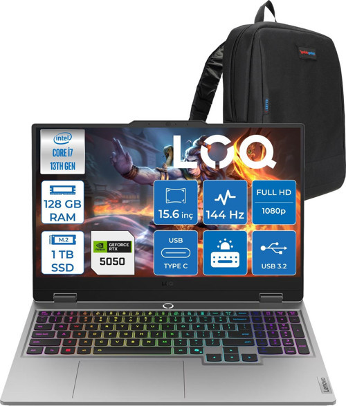 Loq 15IRX10 Intel Core I7 13700HX 128GB Ddr5 1tb SSD RTX5050 8gb 100W Freedos 15.6" Fhd (1920X1080) IPS 300NITS 144Hz 100% Srgb Taşınabilir Bilgisayar W83JE00KKTRF50 + Zetta Çanta