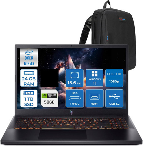 Nitro V 15 ANV15-52 Intel Core I7 13620H 24GB 1tb SSD Nvıdıa Geforce RTX5060 8gb 75W Windows 11 Home 15.6" FHD(1920 x 1080) IPS 165HZ Taşınabilir Bilgisayar NHQZ8EY002H13 + Zetta Çanta
