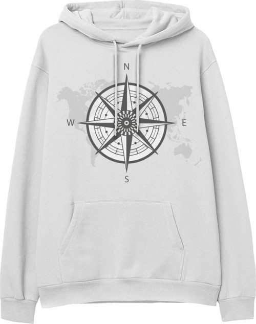 Compass Map Baskılı Beyaz Hoodie