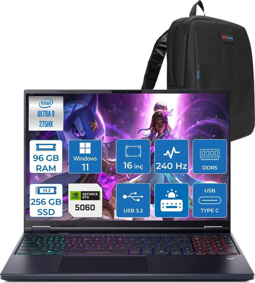 Predator Helios Neo 16 Aı Intel®core™ Ultra 9 275HX 96GB Ddr5 256GB SSD 8GB/RTX5060 115W 16" 2560 x 1600 Wqxga 240HZ WIN11HOME Gaming Bilgisayar. NHQVUEY001H26+ZETTAÇANTA