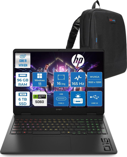 Omen 16-AM0007NT Intel Core I9 14900HX 96GB Ddr5 6tb SSD RTX5060 8gb Gddr7 Windows 11 Pro 16 Inç IPS Wuxga (1920X1200) 165Hz 3ms 400NITS 100% Srgb Taşınabilir Bilgisayar WBQ3Q8EAP47 + Zetta Çanta