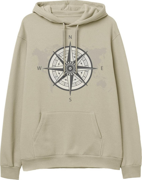 Compass Map Baskılı Krem Hoodie