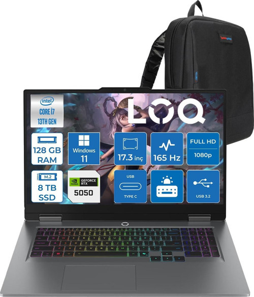 Loq 17IRX10 Intel Core I7 13650HX 128GB Ddr5 8tb SSD RTX5050 8gb 115W Windows 11 Home 17.3 Inç Fhd (1920X1080) IPS 300NITS 165HZ 100% Srgb Taşınabilir Bilgisayar W83JH006CTRH48 + Zetta Çanta