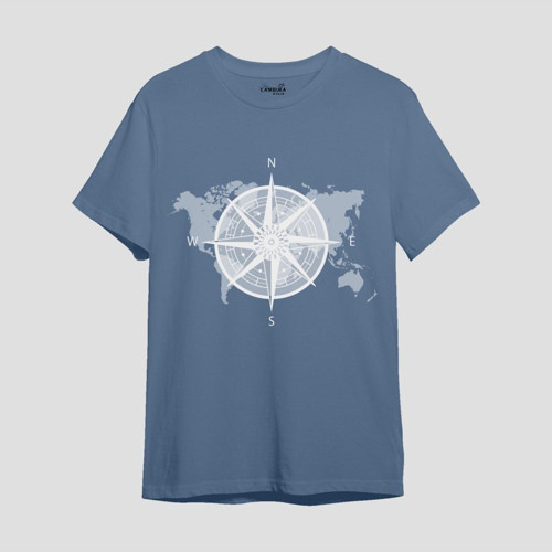 Compass Map Baskılı Mavi Oversize T-shirt