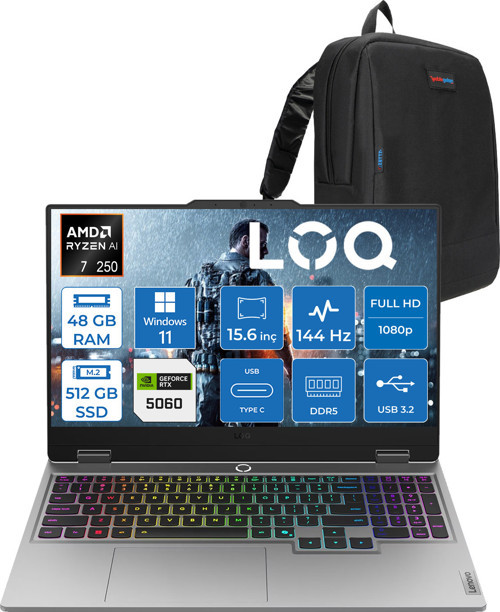 Loq 15AHP10 Amd Ryzen 7 250 48GB Ddr5 512GB SSD Windows 11 Home RTX5060 8gb 100W 15.6" Fhd (1920X1080) IPS 300NITS 144Hz Gaming Laptop 83JG006ETRH30 + Zetta Çanta