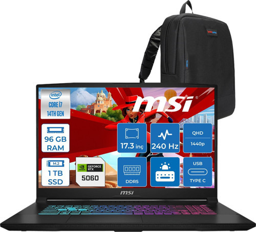 Msı Katana 17 Hx Intel Core I7 14650HX 96GB Ddr5 1tb SSD Freedos RTX5060 8gb Gddr7 115W 17 Inç 2k QHD(2560X1440) 240HZ Gaming Laptop B14WFK216XTRF38 + Zetta Çanta