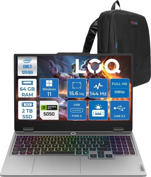 Loq 15IRX10 Intel Core I7 13700HX 64GB Ddr5 2tb SSD RTX5050 8gb 100W Windows 11 Home 15.6" Fhd (1920X1080) IPS 300NITS 144Hz 100% Srgb Taşınabilir Bilgisayar W83JE00KKTRH33 + Zetta Çanta