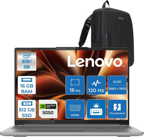 Ideapad Pro 5 Intel Core Ultra 7 255H 16GB 512GB SSD 8GB/RTX5050 16" 2.8k (2880X1800) OLED 1100NITS 120Hz Freedos Taşınabilir Bilgisayar 16IAH10505F01 + Zettaçanta