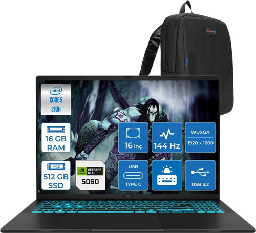 Vivobook 16 V3607VM Intel Core 5 210H 16GB Ddr5 512GB SSD RTX5060 Gddr7 8gb Freedos 16" WUXGA(1920X1200) 144HZ 300NITS Taşınabilir Bilgisayar RP049F02 + Zetta Çanta