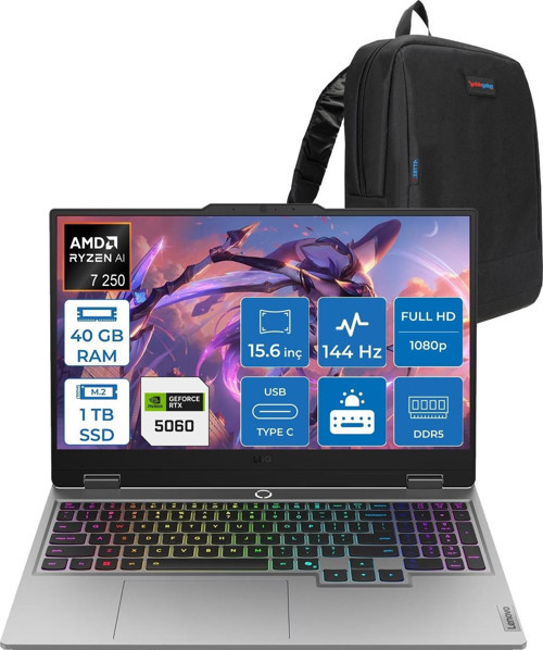 Loq 15AHP10 Ryzen 7 250 40GB Ddr5 1tb SSD 8GB/RTX5060/100W 15.6" Fhd IPS 144Hz Freedos Taşınabilir Bilgisayar 83JG0055TRF14 + Zettaçanta