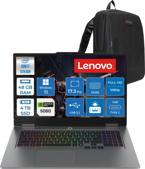 Loq 17IRX10 Intel Core I7 13650HX 48GB Ddr5 4tb SSD RTX5060 8gb 115W Windows 11 Pro 17.3 Inç Fhd (1920X1080) IPS 300NITS 165HZ 100% Srgb Taşınabilir Bilgisayar W83JH006ETRP28 + Zetta Çanta