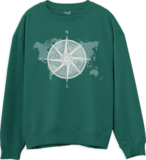 Compass Map Baskılı Yeşil Sweatshirt