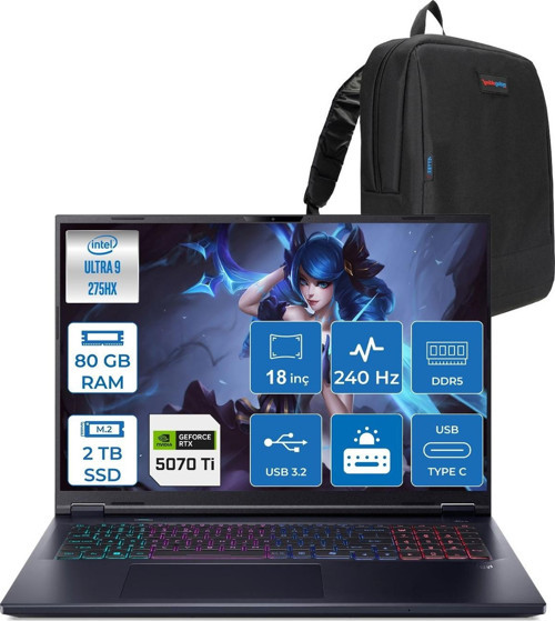 Predator Helios Neo 18 Aı Intel®core™ Ultra 9 275HX 80GB Ddr5 2tb SSD 12GB/RTX5070Tİ 140W 18" 2560 x 1600 Wqxga 240HZ Freedos Gaming Bilgisayar. NHQVMEY002F24+ZETTAÇANTA