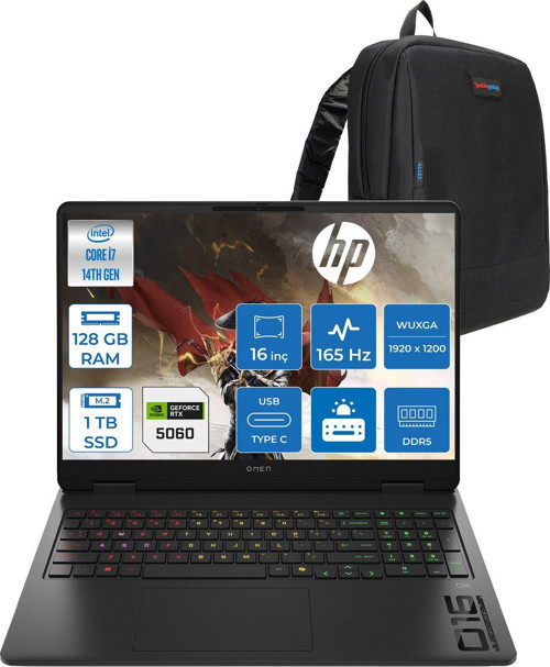 Omen 16-AM0016NT Intel Core I7 14650HX 128GB Ddr5 1tb SSD RTX5060 Gddr7 8gb Freedos 16 Inç Wuxga (1920 x 1200) 165HZ 3ms 400NIT 100% Srgb Taşınabilir Bilgisayar WBQ3R2EAF50 + Zetta Çanta