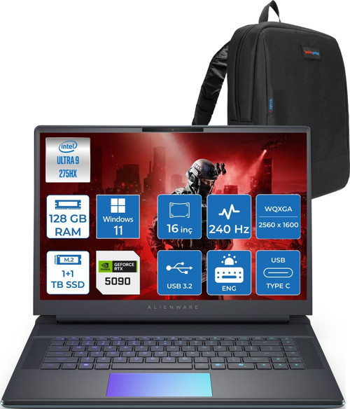 Alienware 16 Area-51 AA16250 Ultra 9 275HX Ddr5 128GB 1tb Ssd+1tbssd 24GB/RTX5090 175W 16INÇ Wqxga 240Hz 500NITS 3ms WINDOWS11HOME Gaming Laptop AA1625090H52+ZETTAÇANTA