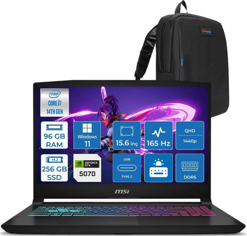Katana 15 Hx Intel Core I7 14650HX 96GB Ddr5 256GB SSD Windows 11 Pro RTX5070 8gb Gddr7 115W 15.6" 2k QHD(2560X1440) 165HZ Gaming Laptop B14WGK068XTRP36 + Zetta Çanta