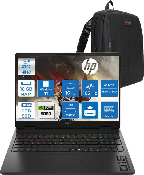 Omen 16-AM0016NT Intel Core I7 14650HX 16GB Ddr5 1tb SSD RTX5060 Gddr7 8gb Windows 11 Home 16 Inç Wuxga (1920 x 1200) 165HZ 3ms 400NIT 100% Srgb Taşınabilir Bilgisayar WBQ3R2EAH02 + Zetta Çanta