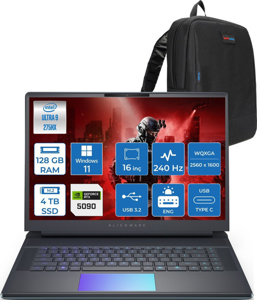 Alienware 16 Area-51 AA16250 Ultra 9 275HX Ddr5 128GB 4tb SSD 24GB/RTX5090 175W 16INÇ Wqxga 240Hz 500NITS 3ms WINDOWS11HOME Gaming Laptop AA1625090H55+ZETTAÇANTA
