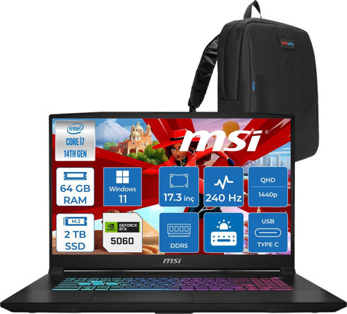 Msı Katana 17 Hx Intel Core I7 14650HX 64GB Ddr5 2tb SSD Windows 11 Home RTX5060 8gb Gddr7 115W 17 Inç 2k QHD(2560X1440) 240HZ Gaming Laptop B14WFK216XTRH29 + Zetta Çanta