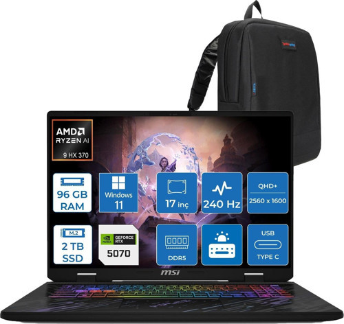 Pulse A17 Aı+ C3XWGKG-020TR Amd Ryzen 9 Aı Hx 370 96GB Ddr5 2tb SSD 8GB/RTX5070 115W 17” Qhd+ (2560X1600), 240Hz, Ips- WIN11HOME Gaming Bilg. W020TRH29+ZETTAÇANTA