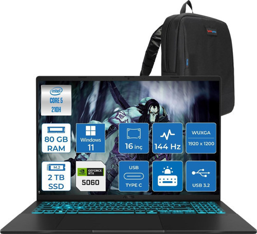 Vivobook 16 V3607VM Intel Core 5 210H 80GB Ddr5 2tb SSD RTX5060 Gddr7 8gb Windows 11 Pro 16" WUXGA(1920X1200) 144HZ 300NITS Taşınabilir Bilgisayar RP049P34 + Zetta Çanta