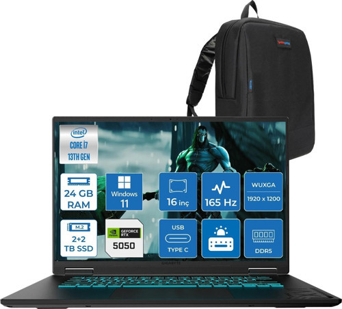 Gıgabyte Gamıng A16CTH Intel® Core™ I7-13620H Ddr5 24GB 2tb Ssd+2tb SSD 16INÇ 8GB/RTX5050 85W IPS Wuxga (1920X1200) 165Hz, 300NITS WINDOWS11PRO Gaming Laptop WA16CTHP06+ZETTAÇANTA