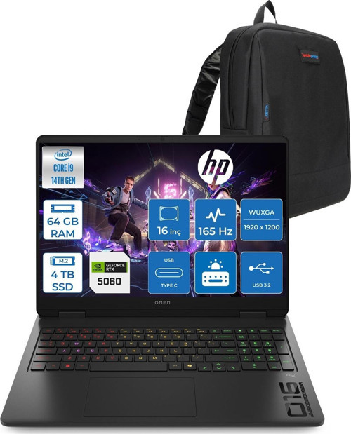 Omen 16-AM0007NT Intel Core I9 14900HX 64GB Ddr5 4tb SSD RTX5060 8gb Gddr7 Freedos 16 Inç IPS Wuxga (1920X1200) 165Hz 3ms 400NITS 100% Srgb Taşınabilir Bilgisayar WBQ3Q8EAF34 + Zetta Çanta