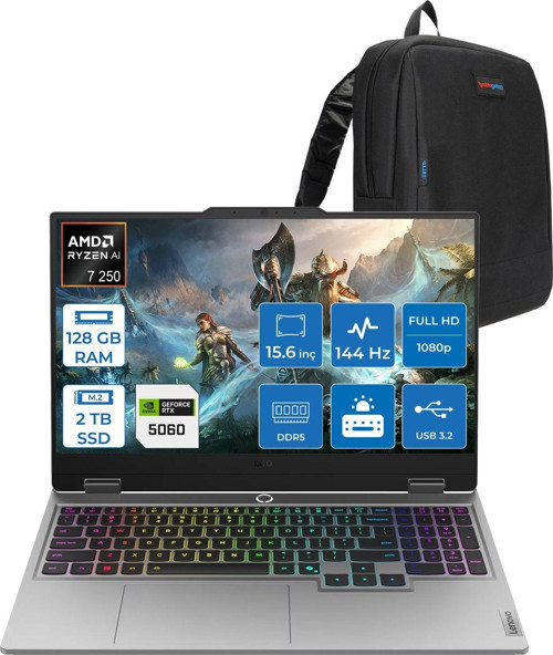 Loq 15AHP10 Amd Ryzen 7 250 Aı 128GB Ddr5 2tb SSD 8GB/RTX5060 100W Gddr7 15.6" Fhd (1920X1080) IPS 300NITS 144Hz Freedos Gaming BILG.83JG008UTRF34+ZETTAÇANTA