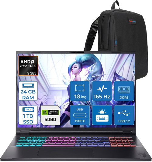 Nitro 18 Aı Amd AN18-AMD Ryzen™ Aı 9 365 24GB Ddr5 1tb SSD 8GB/RTX5060 115W 18" Qhd+ 2560 x 1600 165 Hz IPS Freedos Gaming Bilgisayar. NHQYHEY001F03+ZETTAÇANTA