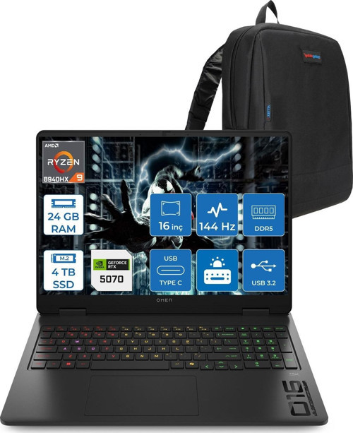 Omen 16-AP0019NT Amd Ryzen™ 9 8940HX Aı 24GB Ddr5 4tb SSD 8GB/RTX5070 Gddr7 16 Inç 144 Hz, IPS 300 Nit 1920 x 1200 Wuxga Freedos Gaming BILG.C12CNEAF05+ZETTAÇANTA
