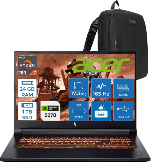 Nitro V17 ANV17 Aı Amd Ryzen™ 7 260 24GB Ddr5 1tb SSD 8GB/RTX5070 85W 17.3"wqxga 2560X1440 165Hz IPS Freedos Gaming Bilgisayar. NHQZKEY001F03+ZETTAÇANTA