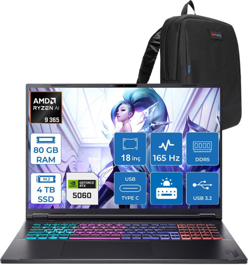 Nitro 18 Aı Amd AN18-AMD Ryzen™ Aı 9 365 80GB Ddr5 4tb SSD 8GB/RTX5060 115W 18" Qhd+ 2560 x 1600 165 Hz IPS Freedos Gaming Bilgisayar. NHQYHEY001F25+ZETTAÇANTA