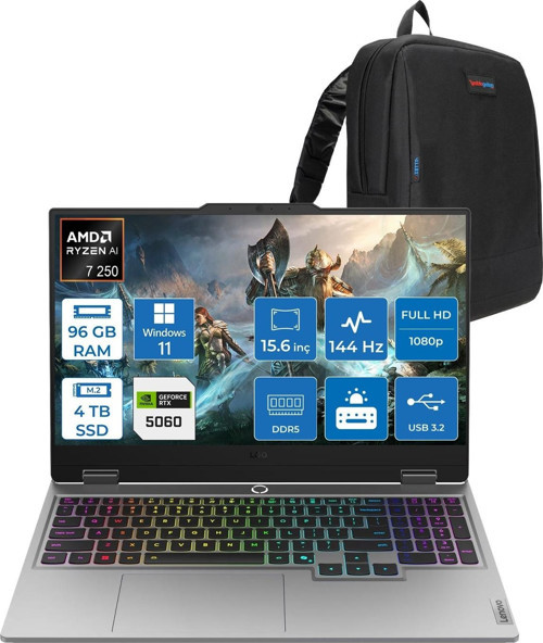 Loq 15AHP10 Amd Ryzen 7 250 Aı 96GB Ddr5 4tb SSD 8GB/RTX5060 100W Gddr7 15.6" Fhd (1920X1080) IPS 300NITS 144Hz WIN11HOME Gaming BILG.83JG008UTRH30+ZETTAÇANTA