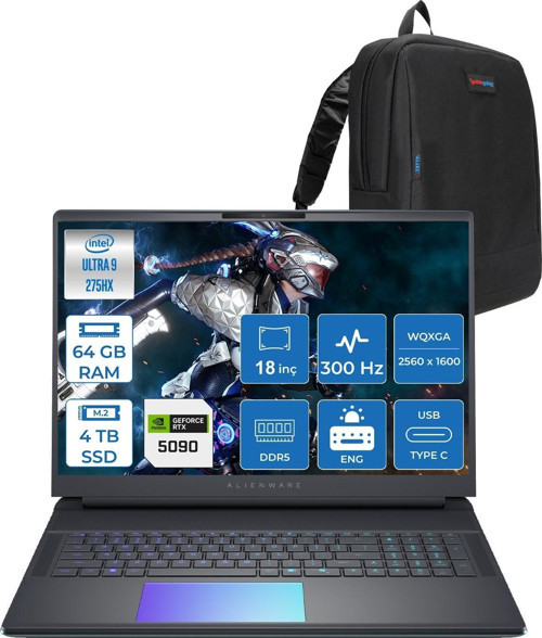 Alienware 18 Area-51 AA18250 Ultra 9 275HX Ddr5 64GB 4tb SSD 24GB/RTX5090 175W 18INÇ Wqxga 300Hz 500NITS Freedos Gaming Laptop AA1825090F31+ZETTAÇANTA